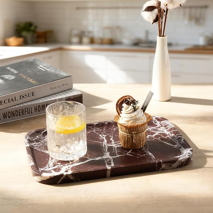 Marble Vanity Tray, 11.8in Stone Bathroom Tray for Countertop, Red Decorative Tray for Dresser Organizer, Luxury Serving Tray for Kitchen, Storage Dish for Kitchen Sink, Perfume, Jewelry Holder