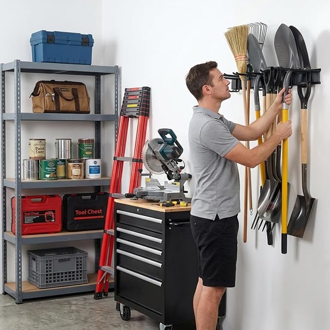 Aking Ace 96-Inch Heavy Duty Wall Mount Garden Tool Organizer for Garage | Adjustable hangers perfect for shovels, rakes, and Garage Tools, Heavy-duty rack holds 700lbs. Ideal for shed organization