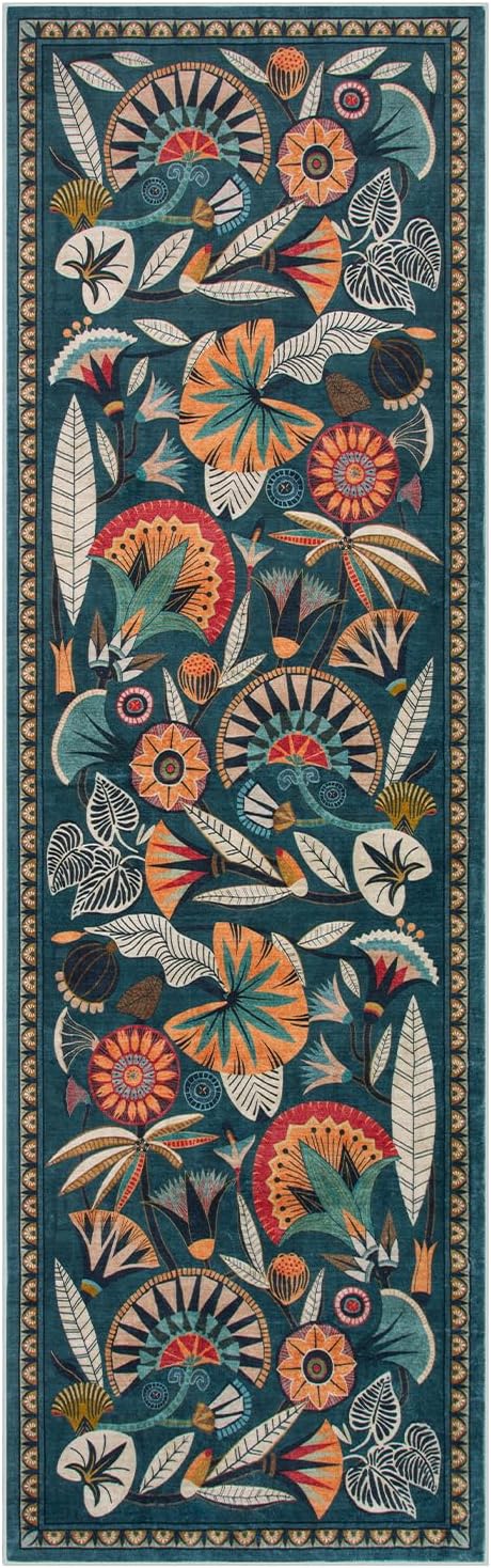 Zealude Boho Washable Green Bathroom Kitchen Runner Rug, 2x8 Egypt Hallway Entryway Rug Runner, Non Slip Botanical Floral Vintage Carpet for Entry Living Laundry Room (Dark Green, 2 x 8)
