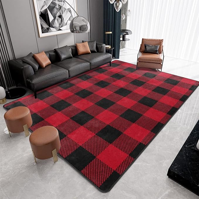 Red Black Buffalo Plaid Rug 6' x 9' Buffalo Check Rugs Carpet Living Room | Christmas Halloween Area Rugs for Bedroom Dining Room, Machine Washable, Non Slip