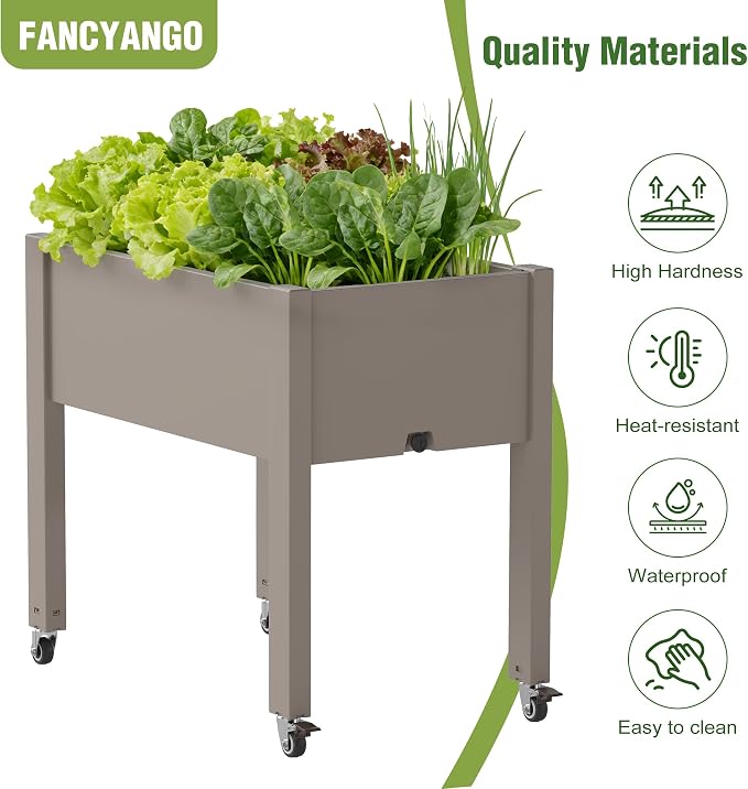 Elevated 26.3" Tall Raised Garden Bed with Wheels - Outdoor Mobile Resin Planter Box with Drainage Holes for Vegetables Flower Herbs, Weather Resistant, Medium Gray (26.3" h)