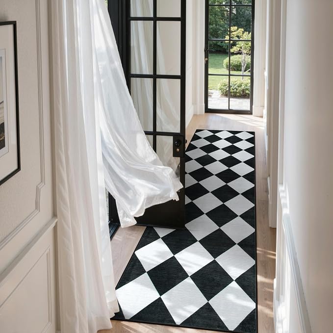 Beeiva Checkered Print Washable Rug Runners for Hallways Non Slip 2.5x10, Ultra Thin Black Kitchen Runner Stain Resistant Hallway Runner Rug 10 ft, Checkerboard Carpet for Bathroom Entryway Decor