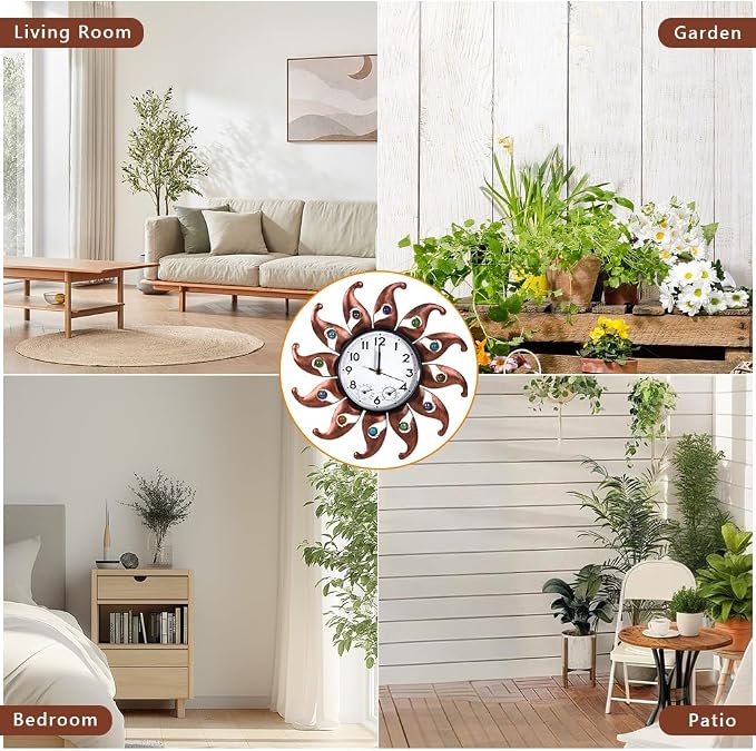 Sun Outdoor Clock with Thermometer & Humidity | Silent No-Ticking, Wall-Mounted Clock Waterproof for Patio, Garden, Home Decor, Brown