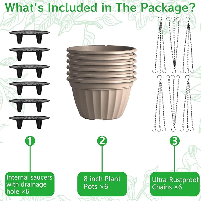 FGstyle 6 Pack Hanging Planters 8 Inch,Self Watering Pots for Indoor Plants,Plastic Hanging Basket with Soil Elevator and 20" Chain for Home Garden Porch Balcony Patio Decor(Beige)