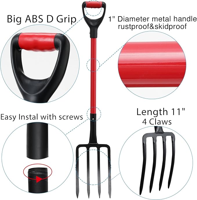 Oliynedy Pitch Fork for Hay, Heavy Duty Pitchfork for Garden, Broadfork Yard Garden Tools with 30 inch Metal Handle for Gardening Digging, Mulching