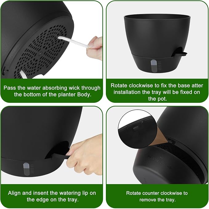 QRRICA 12/10/9 Inch Self-Watering Plant Pots with Water Level Indicator, Drainage Holes & Saucers โ Large Plastic Planter Set for Indoor & Outdoor Plants (Pure Black)