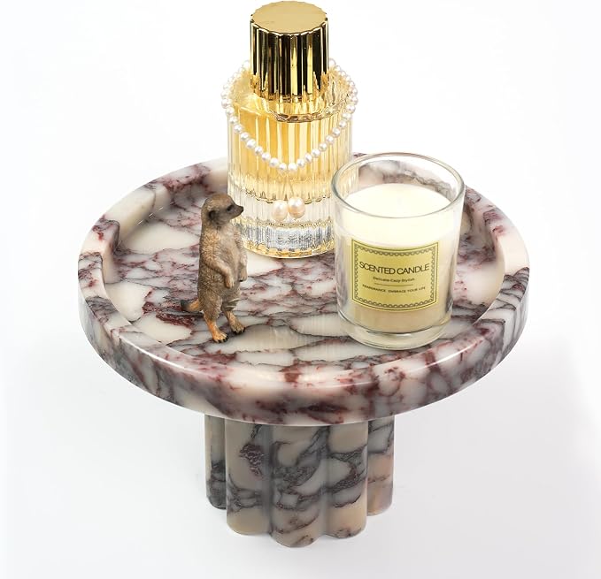 Marble Perfume Tray with Legs - Round Decorative Stone Pedestal for Bathroom Vanity Coffee Table Kitchen Countertop, Footed Jewelry Candle Organizers Catchall Plate Riser with A Scalloped Leg