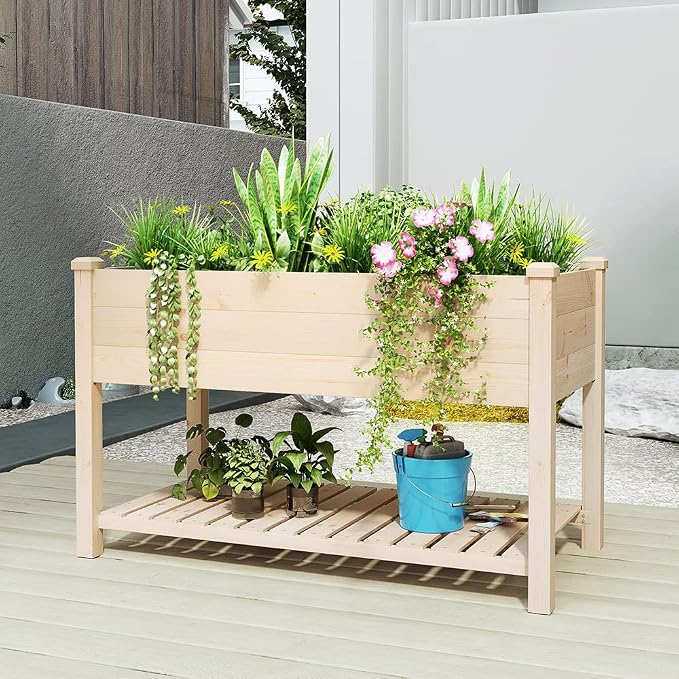 BIRASIL Outdoor Wood Raised Garden Bed, Elevated Reinforced Large Planter Box with Storage Shelf for Vegetable Flower Backyard Patio Gardening Balcony (48”L, Natural Wood)