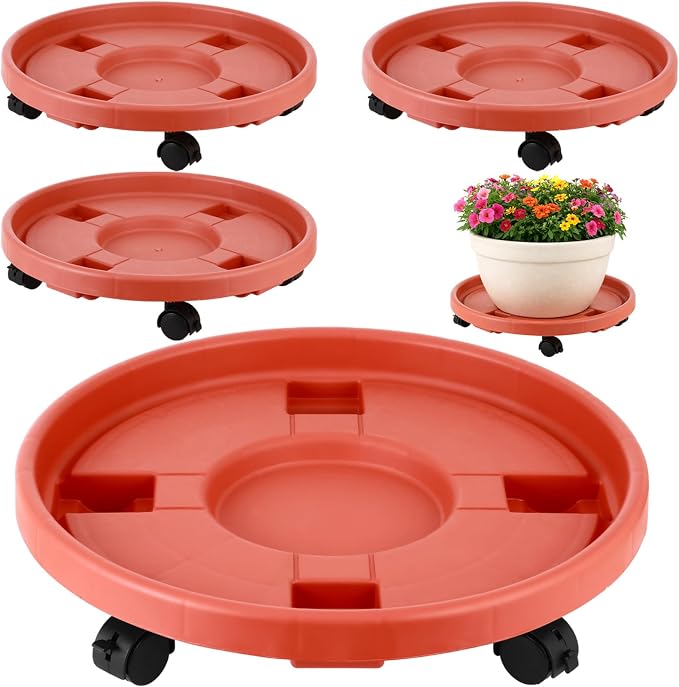 4-pack 17.3" Extra-large Plant Caddy with Wheels Plastic Plant Dolly with Casters Flower Pot Mover Rollers Wheeled Rolling Plant Stand Round Plant Saucer Indoor Outdoor Base Coasters, Terracotta red