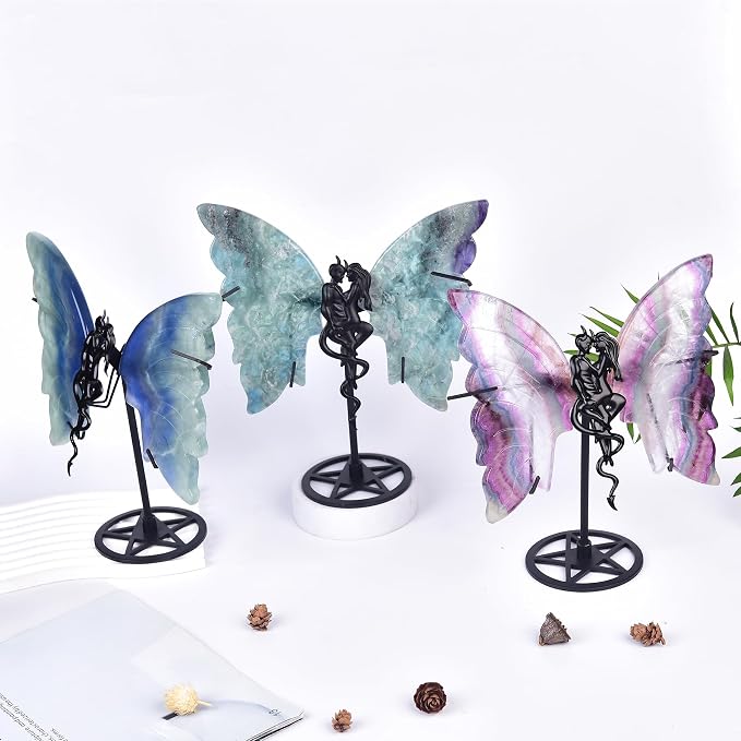 JIC Gem Large Amazing Gemstone Feather Fluorite Crystal Butterfly Art Decorative Healing Crystal Slices Carved Angel Wings with Stand Office Home Decor Reiki Crystal Gifts (1pair, 17-18cm)