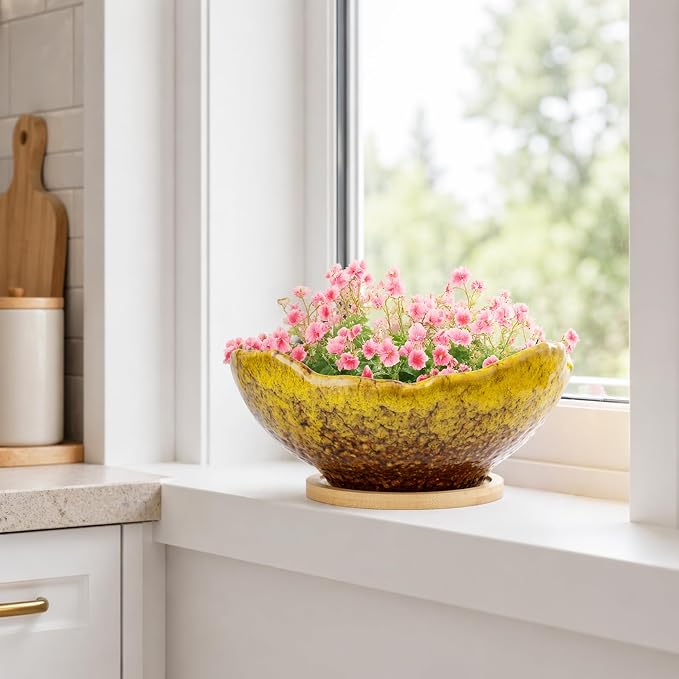 ARTKETTY Bonsai Pots - 9.06 Inch Large Plant Pots, Unique Succulent Pots with Drainage Tray, Ceramic Planters for Indoor Cactus Flower Plants Round Bonsai Tree Pots Decorative Home Office