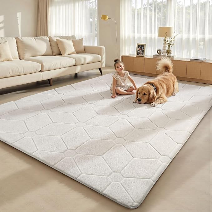 Sour Lemon 8x10 Area Rugs for Living Room Bedroom, Large Carpet Cream Rug | Washable, Geometric Alfombra Para Salas Modernas, Non Slip Big Soft Thick Fluffy Plush, Memory foam Rug for Kids Playroom