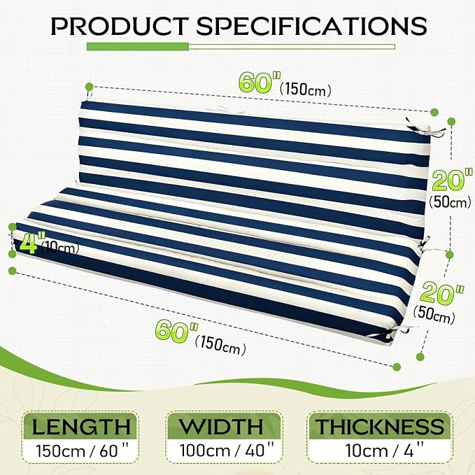Outdoor Swing Cushion with Backrest, Tie Straps & Memory Foam - Replacement for Porch Bench 2/3 Seater, Oxford Fabric (Navy-White Stripe, 60 INCH × 40 INCH)