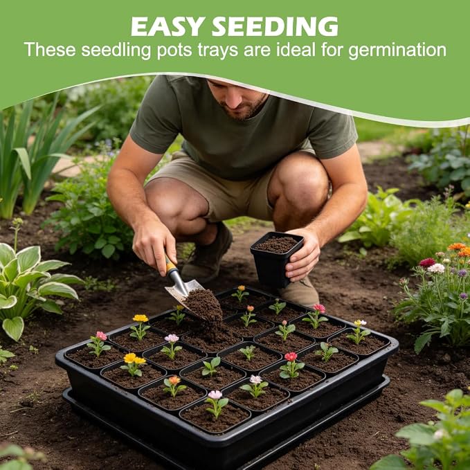 RooTrimmer 5 Pack Soil Blocking Trays with 2.8 inch (7CM) Square Nursery Pots 100pcs, Plastic Flat Plant Tray for Holding or Collecting Drainage Water, Seed Starter Tray for Seed Germination (Black)