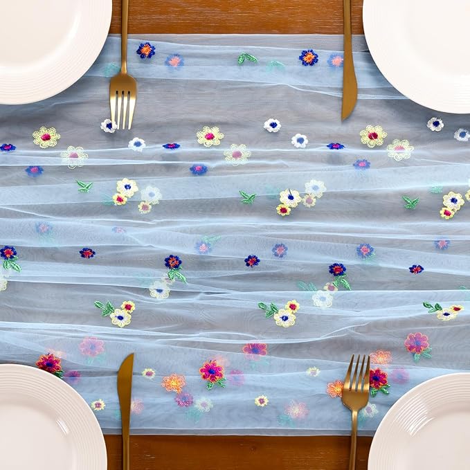 Socomi Flower Table Runner Summer Daisy Floral Tulle Gauze Cheesecloth Embroidery Table Runners for Tea Party Garden Wedding Bridal Baby Shower Birthday Picnic Decor Blue 1pc