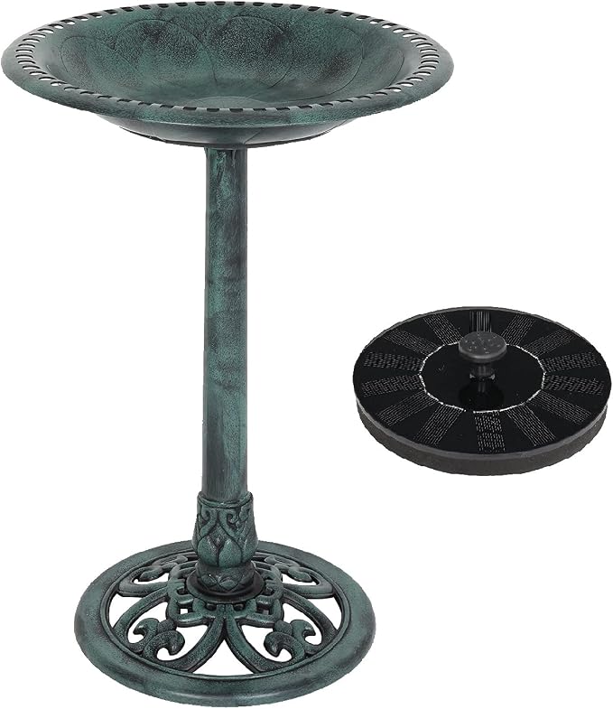 VINGLI Pedestal Bird Bath with Solar Fountain, Solar Pump Resin Birdbaths, Weather Resistant Bird Baths with Ground Stakes, Vintage Finish Garden Decor for Outdoor, Patio, Yard, Lawn(Green)