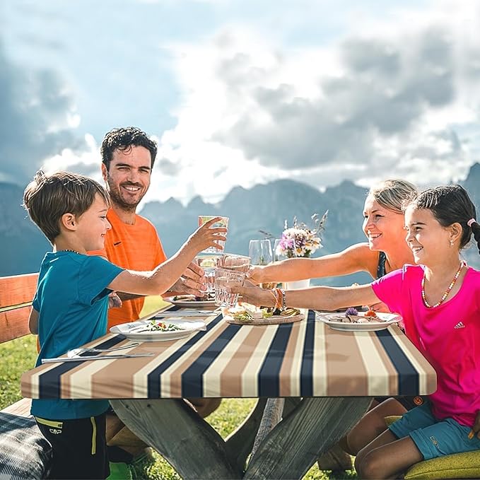 Picnic Table Cover with Bench Covers Elastic Edges, Mountain Camper Fitted Table Cover, Outdoor Patio Camping Essentials 72 Inch 3PCS, Waterproof Camping Fitted Tablecloth with Drawstring Bag
