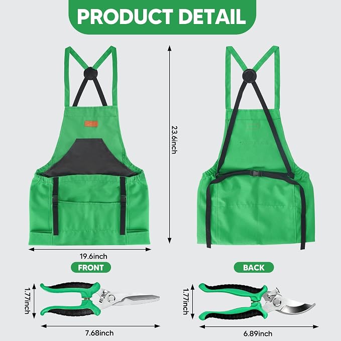 4PCS Harvest Apron Set, Gardening Apron with Adjustable Cross Strap & Multi-Pocket for Men Women, Includes Curved & Straight Garden Shears & Non-Slip Gloves, for Gardening, Harvesting