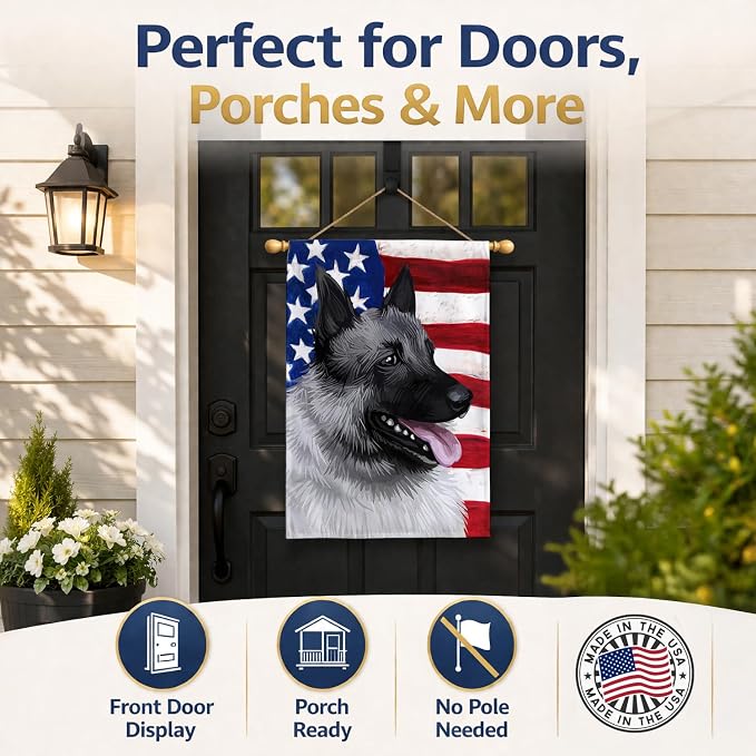 Caroline's Treasures CK6631CHF Norwegian Elkhound Dog American Flag House Flag Large Porch Sleeve Pole Decorative Outside Yard Banner Artwork Wall Hanging, Polyester, House Size, Multicolor
