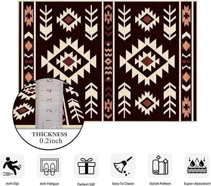 Western Rug 2x3 for Entryway Indoor Mat, Southwestern Aztec Tribal Rugs Southwest Navajo Machine Washable Entrance Rug Non-Slip Printed Low-Pile Entry Floor Carpet Doormat for Bedroom, Red Brown