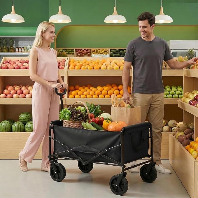 NEWBULIG Collapsible Wagon Cart, 102L Standard, Portable Heavy Duty Pull Cart with Lockable Wheels, 330 lbs Capacity, Adjustable Handle for Beach, Sports, Camping, Shopping & Garden, Black