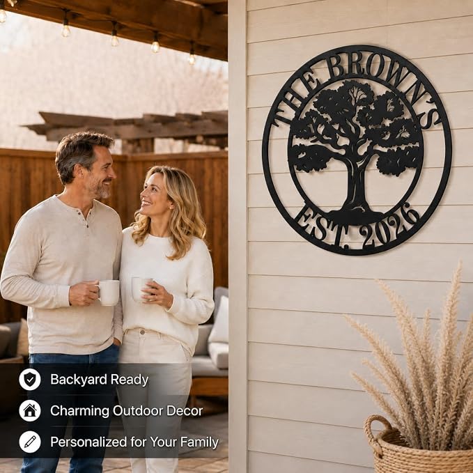 Personalized Tree of Life Metal Sign, Oak Tree Family Monogram Wall Decor, Custom Split Letter Name Plaque for Front Porch Garden Patio, Last Name Sign, Dad Gift