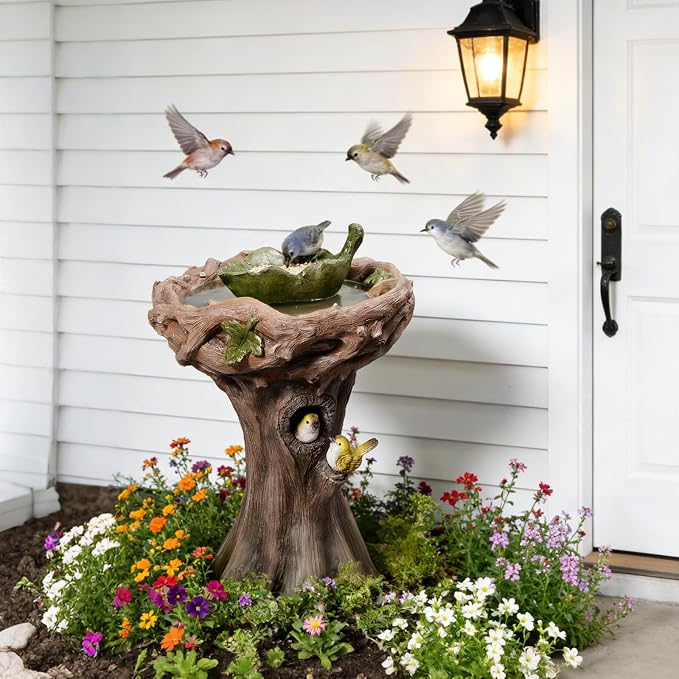 29.53" Tall Water Fountain Outdoor with Birds, Bird Bath Fountain with Removable Feeding Bowl Tree Trunk Design Resin Freestanding Water Fountains for Outside, Garden, Patio, Lawn, Yard