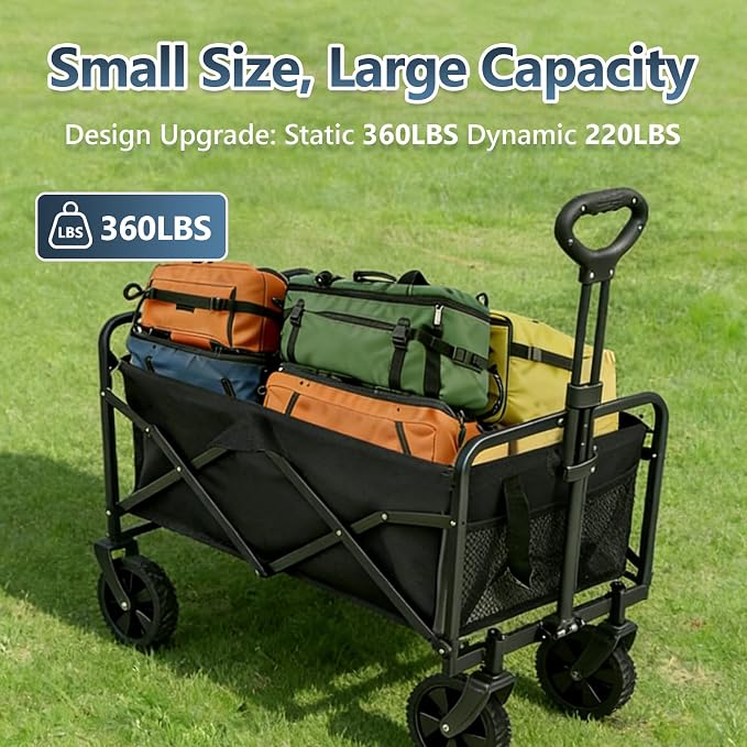 Heavy Duty Collapsible Wagon Cart,350lb Capacity 100L Extra Large Foldable Utility Wagon,Portable Folding Garden Cart with Cup Holders for Camping, Groceries, Beach
