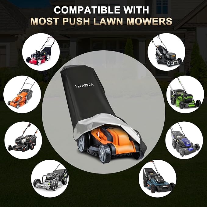 Push Lawn Mower Cover, 600D Heavy Duty Waterproof for Outdoor | Universal Fit 74"L x 25"W x 39"H, Double Stitched, UV & Weather Resistant, Adjustable Double Drawstring, Storage Bag Included