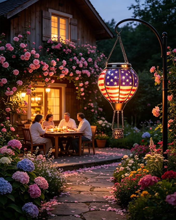 Larekook Solar Hot Air Balloon Lantern with Flame Flickering,Glass Hot Air Balloon Solar Lantern Outdoor Waterproof Hanging Garden Light for Patio Porch Yard,Birthday Gifts for Women(American Flag)