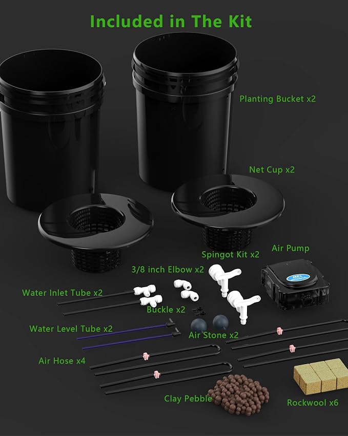 2 Buckets 5 Gallon DWC Hydroponic System, Built-in Drain Tap, Top Drip Kit with 12W 4-Outlet Air Pump, Rockwool, Clay Pebbles & Air Stones for Tomato Pepper Large Indoor Plants