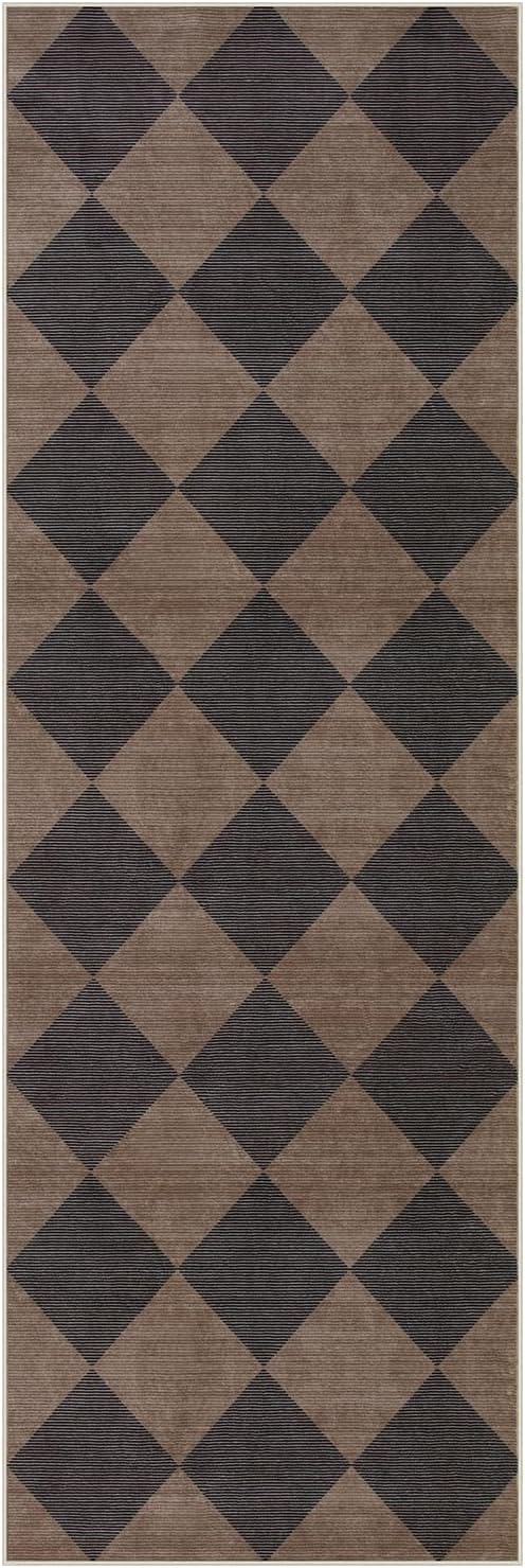 Beeiva Checkered Print Hallway Runner Rug 2x6, Moroccan Kitchen Runner Rugs Non Skid Washable 6ft Ultra Thin Stain Resistant Entryway Decor, Diamond Gingham Alfombra for Bathroom Laundry (Brown/Black)