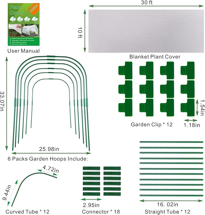 Plant Covers Freeze Protection Kit,10x30Ft Fabric Frost Cloth With 6pcs Garden Hoops & 12 Clips,Floating Row Cover Kit With Greenhouse Hoops Frost Blanket for Plants Vegetables Winter Frost Protection