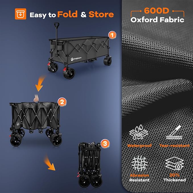 48" L Folding Beach Wagon Cart Foldable, 560lbs Weight Capacity 300L Heavy Duty Collapsible Wagons with Big All-Terrain Wheels, Utility Carts for Groceries, Shopping, Camping, Sports - Grey