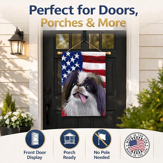 Caroline's Treasures CK6580CHF Japanese Chin American Flag House Flag Large Porch Sleeve Pole Decorative Outside Yard Banner Artwork Wall Hanging, Polyester, House Size, Multicolor