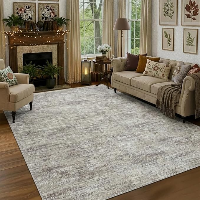 GarveeHome Living Room Rug 4x6 Modern Solid Washable Rugs with Rubber Backing, Non Shedding Low Pile Neutral Carpet Stain Resistant Foldable Thin Mats for Dining Room, Nursery, Bedroom, Camel