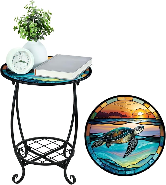 Cinnvoice Outdoor Side Table Round Small Mosaic Patio Accent Indoor End Plant Coffee Tea Table for Yard Patio Porch Garden Living Room, Bedroom(Turtle Style,14 Inch)
