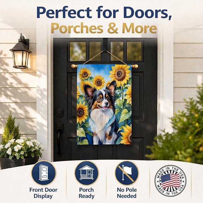 Caroline's Treasures DAC6131CHF Papillon in Sunflowers House Flag Large Porch Sleeve Pole Decorative Outside Yard Banner Artwork Wall Hanging, Polyester, House Size, Multicolor