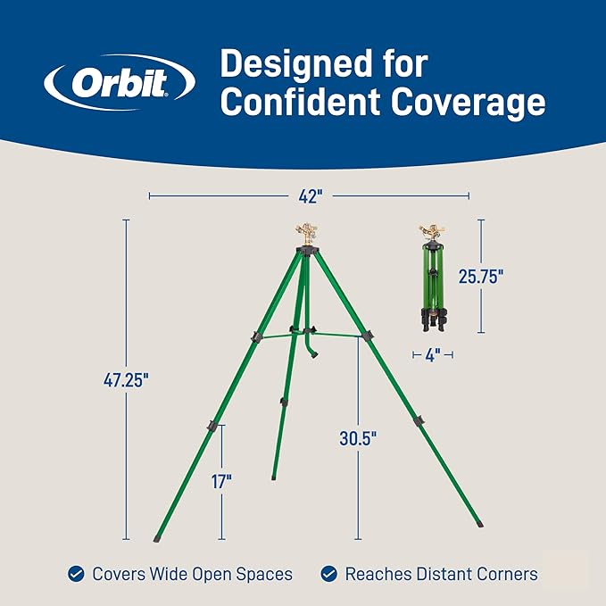 Orbit 1/2 Inch Brass Impact Sprinkler - Adjustable Metal Tripod - Long Range Lawn Watering System - 360 Degree Rotating Sprinkler - Heavy Duty Irrigation System - Adjustable 22-48 Inch Height - 58308
