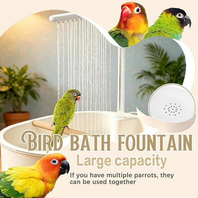 Parrot Bathtub,Bird Shower Parakeet Bath for Cage with Adjustable Water Flow Control Valve, Contains USB and Pump,tarpaulin,for Pet Birds,Cockatiel,Budgie,Suitable for Many Kinds of Birds(Beige)