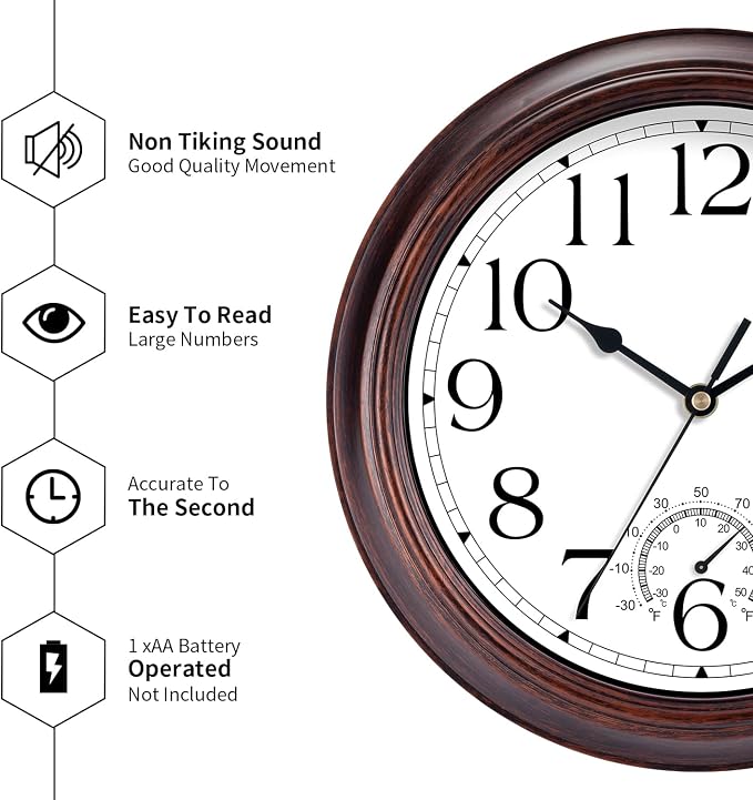 KECYET 14 Inch Outdoor Wall Clock with Thermometers, Vintage Silent Wall Clocks Battery Operated, Retro Non-Ticking Clock Decorative for Living Room, Patio, Kitchen, Office, Bathroom, Bedroom(Bronze)
