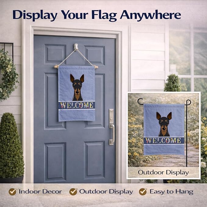 Caroline's Treasures BB1426GF Min Pin Welcome Garden Flag, Blue Mailbox Flag Decorative Yard Flag Banner Outside Patio Artwork Yard Flower Beds, Garden Size, Multicolor