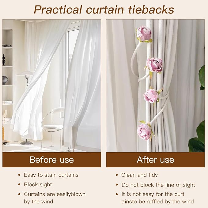 Decorative Rose Curtain Tieback with Artificial Flowers, Pink Roses on White Twisted Rope, Decorative Curtain Accessories, Elegant Window Treatment 4pcs (4)