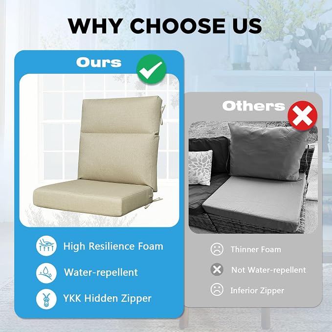 Outdoor Patio Chair Cushions 44x21x3.5 inch, Set of 2 Thicken Comfy Cushions for Rocker Non Slip Fade Shield Water Repellent High Back with Ties, Linenweave Tan