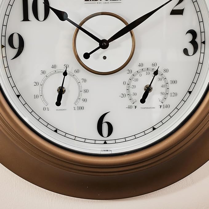 Andy Star 21 Inch Large Luminous Outdoor Wall Clock Waterproof with Temperature, Vintage Round Wall Clocks Battery, Oversized Pool Clock for Garden Patio Rustic Bronze Finish Silent Non Ticking Clock