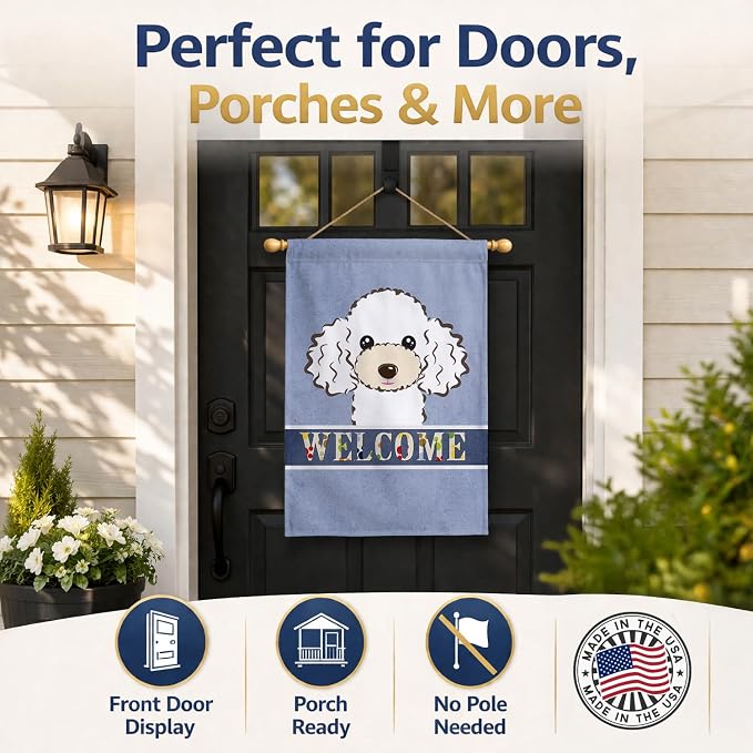 Caroline's Treasures BB1443CHF White Poodle Welcome House Flag, Blue Large Porch Sleeve Pole Decorative Outside Yard Banner Artwork Wall Hanging, Polyester, House Size, Multicolor