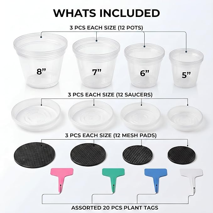 Zonara Clear Nursery Pots with Drainage 12 Pack, 5/6/7/8 Inch Transparent Plastic Plant Pots with Saucers, Mesh Pads & Plant Tags, Reusable Pots for Indoor Plants, Seedlings (5/6/7/8 Inch)