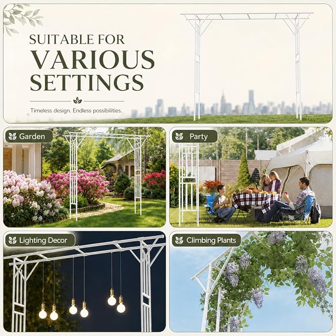 Flat Top Garden Arch Trellis Pergola, 11.8 x 9.02 FT Large Metal Arbor for Climbing Plants, Plastic-Coated Galvanized Steel Frame, Outdoor Decorative Arch for Garden, Backyard, Lawn (White)
