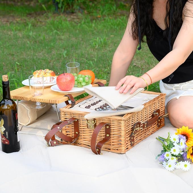 Multifunctional Wicker Picnic Basket Set for 2 with Blanket and Picnic Table, Insulated Picnic Set with Full Tablewares for Camping Outdoor Couples,Natural
