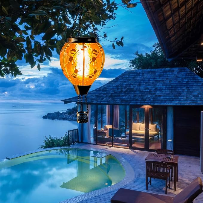 Starsoul Hot Air Balloon Solar Lantern Bee Glass Hanging Outdoor Hot Air Balloon Solar Flickering Flame Light Waterproof Garden Patio Yard Party Decorations